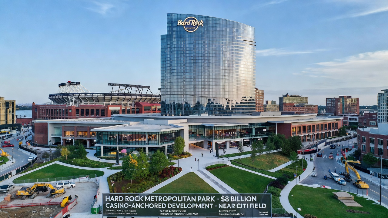 Artist rendering of the planned Hard Rock Metropolitan Park development showing hotel, casino, and parkland areas