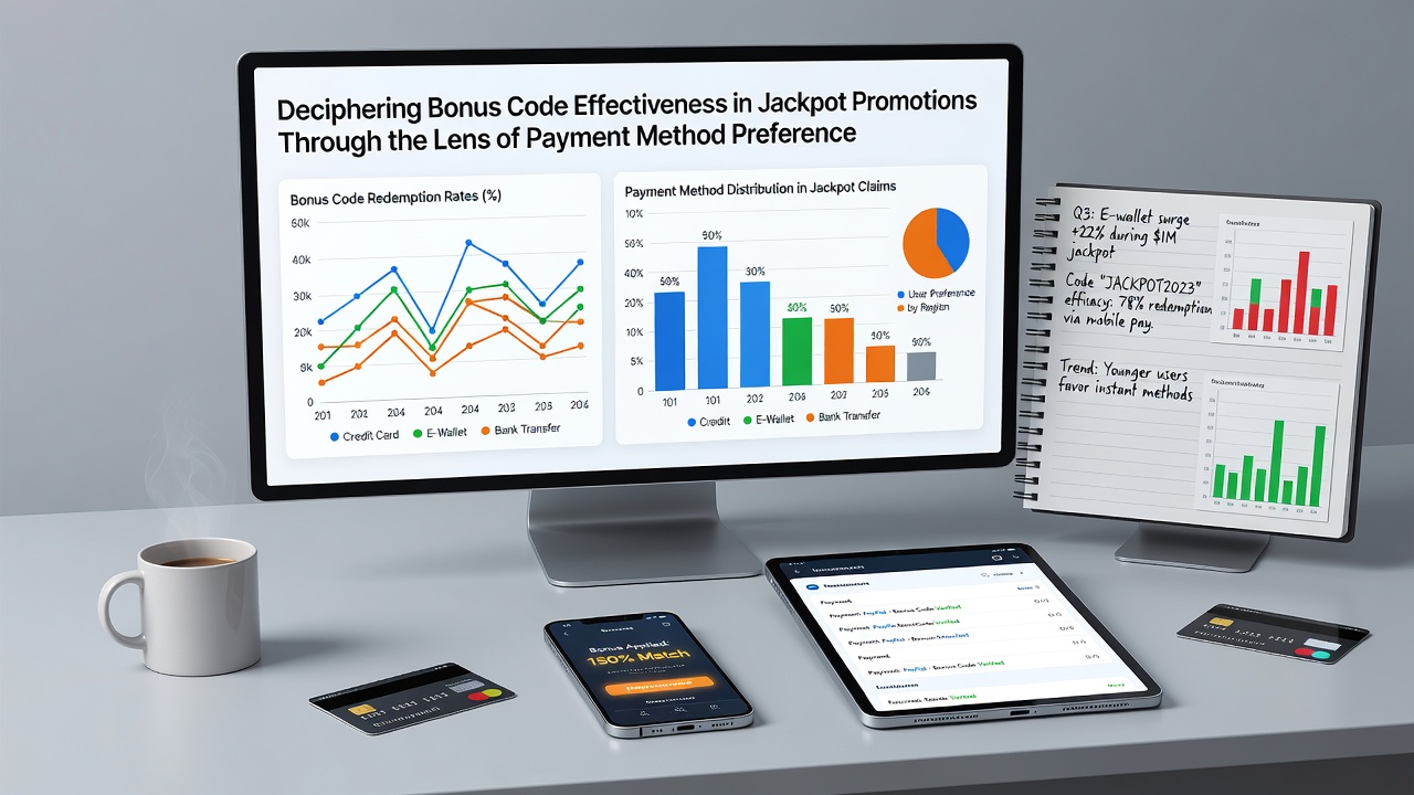 Analytics dashboard displaying payment method preferences and bonus code redemption statistics for slot jackpot promotions